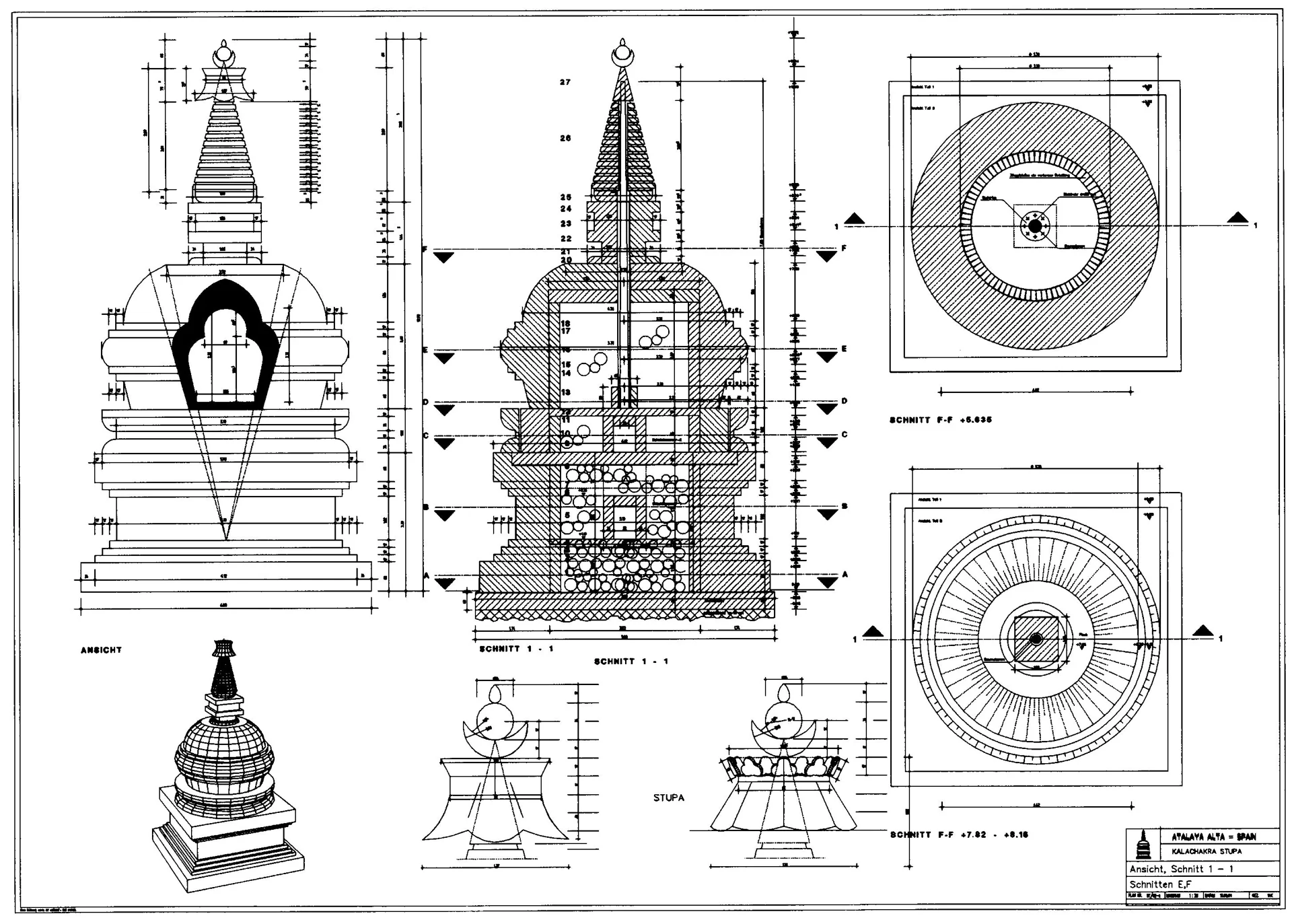 Technical architectural drawing of a stupa
